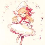  blonde_hair blush bow closed_eyes dress flower hat lily_white long_hair lowres open_mouth smile solo touhou yujup 