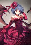  adjusting_hair bat_wings blue_hair blurry collarbone depth_of_field dress elbow_gloves flower gloves hair_flower hair_ornament karlwolf red_dress red_eyes remilia_scarlet short_hair solo strapless strapless_dress touhou wings 