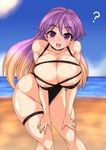  ? beach blue_sky blush breasts brown_hair cloud collarbone covered_nipples cross-laced_clothes curvy day ears eyebrows eyebrows_visible_through_hair gradient_hair groin hands_on_thighs head_tilt highres hijiri_byakuren huge_breasts leaning_forward legband lips long_hair looking_at_viewer multicolored_hair n_(dai_n_honpo) ocean open_mouth outdoors purple_eyes purple_hair shiny shiny_skin skindentation sky solo sun sunlight swimsuit thick_thighs thighs tongue touhou wide_hips 