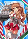  anchor armor blush breasts brown_eyes brown_hair cannon cowboy_shot detached_sleeves garter_straps hair_tousle hand_in_hair headdress highres italian_flag kantai_collection large_breasts littorio_(kantai_collection) long_hair looking_at_viewer machinery mecha_musume miniskirt necktie pleated_skirt ponytail shirt skirt sleeveless sleeveless_shirt smile solo thighhighs turret vin wavy_hair zettai_ryouiki 