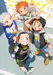  4boys :p aged_down annsmow ball black_hair black_jacket black_vest blue_shorts blush_stickers bokuto_koutarou brown_eyes character_name child closed_mouth full_body grey_hair grin haikyuu!! highres hinata_shouyou holding holding_ball hood hoodie hoshiumi_kourai jacket looking_at_viewer male_focus multicolored_hair multiple_boys nishinoya_yuu one_eye_closed open_clothes open_jacket open_mouth orange_footwear orange_hair parted_lips shadow shoes short_hair short_sleeves shorts sleeveless sleeveless_jacket smile standing streaked_hair suspenders teeth tongue tongue_out twitter_username two-tone_hair two-tone_hoodie vest yellow_eyes 
