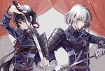  black_hair gloves honebami_toushirou kohana_(ayako) male_focus military military_uniform multiple_boys namazuo_toushirou necktie petals ponytail purple_eyes sheath smile sword touken_ranbu uniform unsheathing wakizashi weapon white_gloves white_hair 