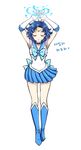  arms_up bishoujo_senshi_sailor_moon blue_bow blue_choker blue_footwear blue_hair blue_sailor_collar blue_skirt boots bow brooch choker closed_eyes elbow_gloves full_body gloves hydrokinesis jewelry knee_boots magical_girl mizuno_ami pleated_skirt sailor_collar sailor_mercury sailor_senshi_uniform shainea short_hair skirt solo standing tiara water white_background white_gloves 