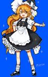  1girl akasasachii apron black_dress black_footwear black_hat blonde_hair bow braid dress frilled_dress frills full_body hair_bow hat highres kirisame_marisa long_hair mary_janes open_mouth puffy_short_sleeves puffy_sleeves shirt shoes short_sleeves side_braid smile socks solo thumbs_up touhou white_apron white_bow white_shirt white_socks witch_hat yellow_eyes 