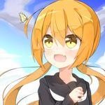  :d bad_id bad_twitter_id black_serafuku blonde_hair bug butterfly commentary fang hair_between_eyes insect kantai_collection long_hair long_sleeves neckerchief open_mouth rateratte satsuki_(kantai_collection) school_uniform serafuku smile solo twintails white_neckwear yellow_eyes 