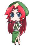  blue_eyes chibi hands_clasped hat hong_meiling long_hair lowres own_hands_together red_hair simple_background solo tima touhou very_long_hair 