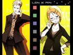  1girl bad_id bad_pixiv_id blonde_hair blue_eyes brother_and_sister can formal glasses hair_ornament hairclip jewelry kagamine_len kagamine_rin kanipanda older ring short_hair siblings smile suit twins vocaloid 