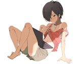  androgynous bad_id bad_pixiv_id barefoot computer food full_body hair_over_one_eye hatss ikezawa_kazuma laptop male_focus popsicle reclining shirt_lift shirt_tan shorts_tan simple_background solo strap_slip summer_wars tan tanline tupet white_background 