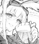  alcohol animal_ears bad_id bad_pixiv_id beer blush bow cup goggles greyscale hair_bow hanna-justina_marseille head_wings kisetsu monochrome mug sketch solo strike_witches traditional_media translated uniform world_witches_series 