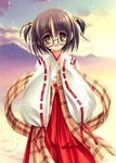  1girl :d bangs blush brown_eyes brown_hair cloud female flat_chest glasses grey_hair hair_bobbles hair_ornament hakama japanese_clothes kimono looking_at_viewer miko mountain norita open_mouth outdoors oversized_clothes parted_bangs plaid ribbon scarf short_hair short_twintails sky smile solo standing sun sunset twintails wide_sleeves yellow_eyes 