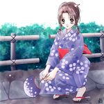  brown_hair japanese_clothes kimono lowres ribbon sandals 