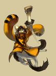  animal_hood black_eyes blazblue bottomless brown_background cat cat_hood eyepatch furry highres hood jubei_(blazblue) male_focus multiple_tails no_humans simple_background solo sword tail unsheathed weapon yadori_(frousol) 
