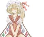  bad_id bad_pixiv_id blonde_hair closed_eyes flandre_scarlet fujisaki_miyabi grin hat one_side_up ribbon sitting smile solo tears touhou v_arms wings 