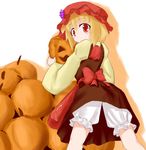  aki_minoriko blush from_below hat looking_back mokuyou pumpkin red_eyes ribbon solo touhou upskirt 