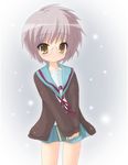  book brown_eyes cardigan glasses grey_hair hahifuhe kita_high_school_uniform nagato_yuki school_uniform serafuku short_hair smile snow solo suzumiya_haruhi_no_yuuutsu 