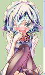  blush fake_scrollbar hairband izayoi_sakuya one_eye_closed out-of-frame_censoring red_collar short_hair solo thighhighs tora_(torayarou) touhou 