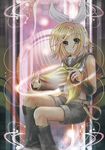  aikura_(twilight_dusk) aqua_eyes bad_id bad_pixiv_id blonde_hair hair_ornament hair_ribbon hairclip headphones kagamine_rin midriff ribbon short_hair smile solo vocaloid 