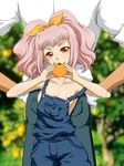  1girl anya_alstreim ass back-to-back blush breasts code_geass farm food fruit holding holding_food holding_fruit jeremiah_gottwald naked_overalls no_bra orange outdoors overalls pink_hair red_eyes sideboob small_breasts tanan twintails 