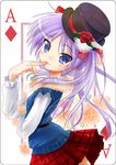  blue_eyes card card_(medium) hair_ribbon hands hat hiiragi_kagami lucky_star playing_card porurin purple_hair ribbon smile solo tsurime 