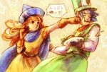  1girl alena_(dq4) clift dragon_quest dragon_quest_iv face_punch food gloves hat highres in_the_face long_hair punching red_eyes red_hair rio-sout star translated 
