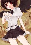  black_hair black_wings katayama_kei looking_at_viewer open_mouth red_eyes shameimaru_aya short_hair skirt solo touhou wings 