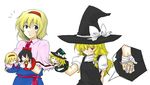  :x alice_margatroid bandages blonde_hair blue_eyes blush braid capelet character_doll clothes_grab hair_over_one_eye hairband hakurei_reimu hand_puppet hat kirisame_marisa lysander_z multiple_girls puppet short_hair shy touhou witch_hat 