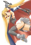  ass bardiche blonde_hair fate_testarossa ginjyasei gloves long_hair lyrical_nanoha mahou_shoujo_lyrical_nanoha mahou_shoujo_lyrical_nanoha_a's red_eyes ribbon simple_background solo thighhighs twintails very_long_hair 