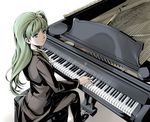  album_cover alternate_costume brand_name_imitation coattails cover formal frog_hair_ornament from_above grand_piano green_eyes green_hair hair_ornament instrument kochiya_sanae kyuu_umi long_hair pant_suit parody piano piano_bench sitting solo suit tailcoat touhou tuxedo 