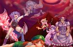  5girls =_= armpits bat_wings blonde_hair blood book braid china_dress chinese_clothes dress fangs fire flamethrower flandre_scarlet glasses hat hokuto_no_ken hong_meiling izayoi_sakuya long_hair multiple_girls nosebleed one_side_up parody patchouli_knowledge ponytail purple_eyes purple_hair pyramid red_eyes red_hair rekise remilia_scarlet short_hair shuu_(hokuto_no_ken) silver_hair souther sunglasses tears touhou twin_braids weapon wings 