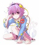  blush eyes hairband heart komeiji_satori mattie pink_eyes pink_skirt purple_hair short_hair skirt sleepy socks solo touhou 