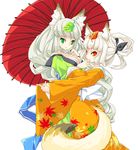  animal_ears breasts cleavage fox_ears fox_tail hair_up japanese_clothes kimono kongiku large_breasts leaf leaf_(kohakoo) leaf_on_head long_hair multiple_girls oboro_muramasa oriental_umbrella parasol sakurano_miya silver_hair simple_background tail umbrella very_long_hair yuzuruha 