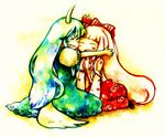  ex-keine fujiwara_no_mokou highres hug kamishirasawa_keine multiple_girls shinoasa tears torn_clothes touhou traditional_media 