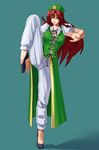  akimichi bad_id bad_pixiv_id blue_eyes braid china_dress chinese_clothes dress fighting_stance hat highres hong_meiling long_hair pants pants_under_dress red_hair solo touhou twin_braids 
