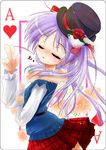  blown_kiss blue_eyes card card_(medium) hair_ribbon hat hiiragi_kagami lucky_star playing_card porurin purple_hair ribbon solo 