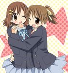  bad_id bad_pixiv_id brown_eyes brown_hair cosplay hirasawa_ui hirasawa_yui hug k-on! multiple_girls nekono_osero one_eye_closed ponytail school_uniform short_hair siblings sisters 