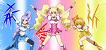  aono_miki blonde_hair blue_skirt boots bow choker cure_berry cure_peach cure_pine eyelashes fresh_precure! hair_ornament heart heart_hair_ornament knee_boots long_hair magical_girl midriff momozono_love multiple_girls no_choker orange_hair parody paw_pose pink_bow pink_choker pink_eyes pink_footwear ponytail pose precure purple_eyes purple_hair short_hair skirt super_sentai taiyou_sentai_sun_vulcan thighhighs tj-type1 twintails yamabuki_inori yellow_eyes zettai_ryouiki 