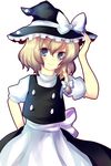  apron bad_id bad_pixiv_id blonde_hair blue_eyes bow braid hair_bow hand_on_headwear hat highres kirisame_marisa looking_at_viewer ribbon short_hair side_braid simple_background smile solo touhou uranaishi_(miraura) witch_hat 