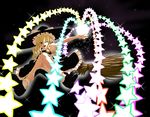  blonde_hair bobby_socks braid broom broom_riding crossed_legs danmaku from_below hat ishikkoro kirisame_marisa light magic one_eye_closed open_mouth side_braid sitting smile socks solo sparkle star touhou witch_hat yellow_eyes 