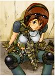  assault_rifle bandaid bandaid_on_face brown_eyes brown_hair bullet fingerless_gloves gloves green_hairband gun hairband headset highres humi_(jun-shu) knee_pads m4_carbine midriff military_operator original partly_fingerless_gloves raglan_sleeves rifle short_hair shotgun sitting solo sunglasses underbarrel_shotgun weapon 