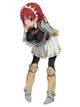  armor bad_id bad_pixiv_id boots breasts cecily_cambell downblouse hanging_breasts highres impossible_clothes impossible_shirt koku large_breasts leaning_forward leotard pantyhose red_eyes red_hair seiken_no_blacksmith shirt shoulder_pads skin_tight solo thighhighs 
