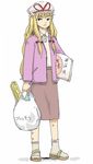  alternate_costume bag blonde_hair blouse bow contemporary frown grey_legwear groceries hair_bow hat hat_bow long_hair ohyo sandals shirt simple_background skirt socks solo standing touhou translated very_long_hair white_background yakumo_yukari 