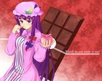  chocolate chocolate_bar crescent english hat ket-c lipstick long_hair makeup patchouli_knowledge purple_hair ribbon solo touhou 