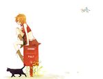  bird brown_hair cat flower japanese_postal_mark meiko postbox_(outgoing_mail) red short_hair simple_background skirt solo vocaloid yoshiki 