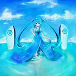  bad_id bad_pixiv_id blush cloud day dress full_body green_eyes green_hair hatsune_miku highres kiku_(kicdoc) long_hair smile solo speaker twintails very_long_hair vocaloid water 