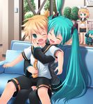  3girls amamiya_minato aqua_hair blonde_hair chibiterasu child closed_eyes commentary_request green_eyes hachune_miku hatsune_miku hug kagamine_len kagamine_rin multiple_girls ookamiden sitting sitting_on_lap sitting_on_person vocaloid 