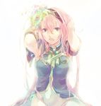  bad_id bad_pixiv_id blue_eyes flower hair_flower hair_ornament hairband highres long_hair megurine_luka navel nicolat open_mouth pink_hair simple_background solo vocaloid 