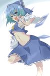  aqua_hair bad_id bad_pixiv_id bandages blue_eyes blue_hair bow breasts cirno cosplay detached_sleeves fang gradient_hair hair_bow hakurei_reimu hakurei_reimu_(cosplay) kazami_ryouya large_bow medium_breasts midriff multicolored_hair navel necktie ofuda open_mouth ribbon sarashi skirt smile solo standing standing_on_one_leg touhou underboob wings 