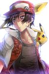  baseball_cap gen_1_pokemon hat male_focus pikachu pixiv_red pokemon pokemon_(creature) pokemon_(game) red_(pokemon) red_(pokemon_rgby) yuzo 