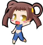  428 :3 blush_stickers brown_hair canaan chibi china_dress chinese_clothes dress fang lowres midriff pac-man_eyes simple_background smile solo suntail twintails yunyun 
