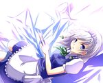  apron blue_eyes braid grey_hair izayoi_sakuya knife ribbon sakura_ani solo touhou twin_braids white_hair 